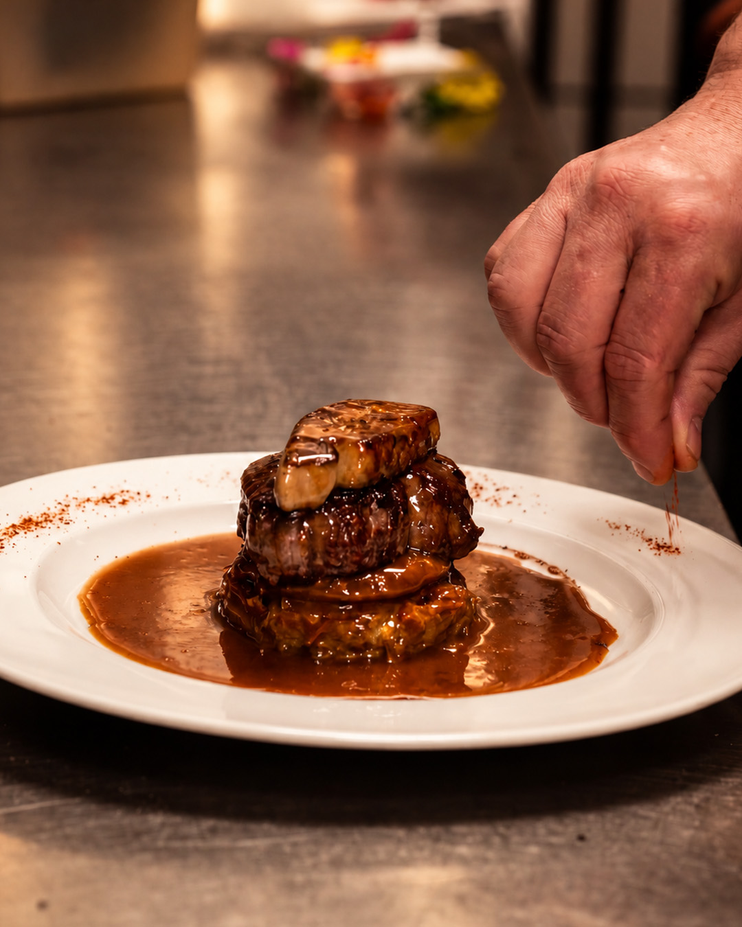 Finition du Tournedos Rossini en cuisine